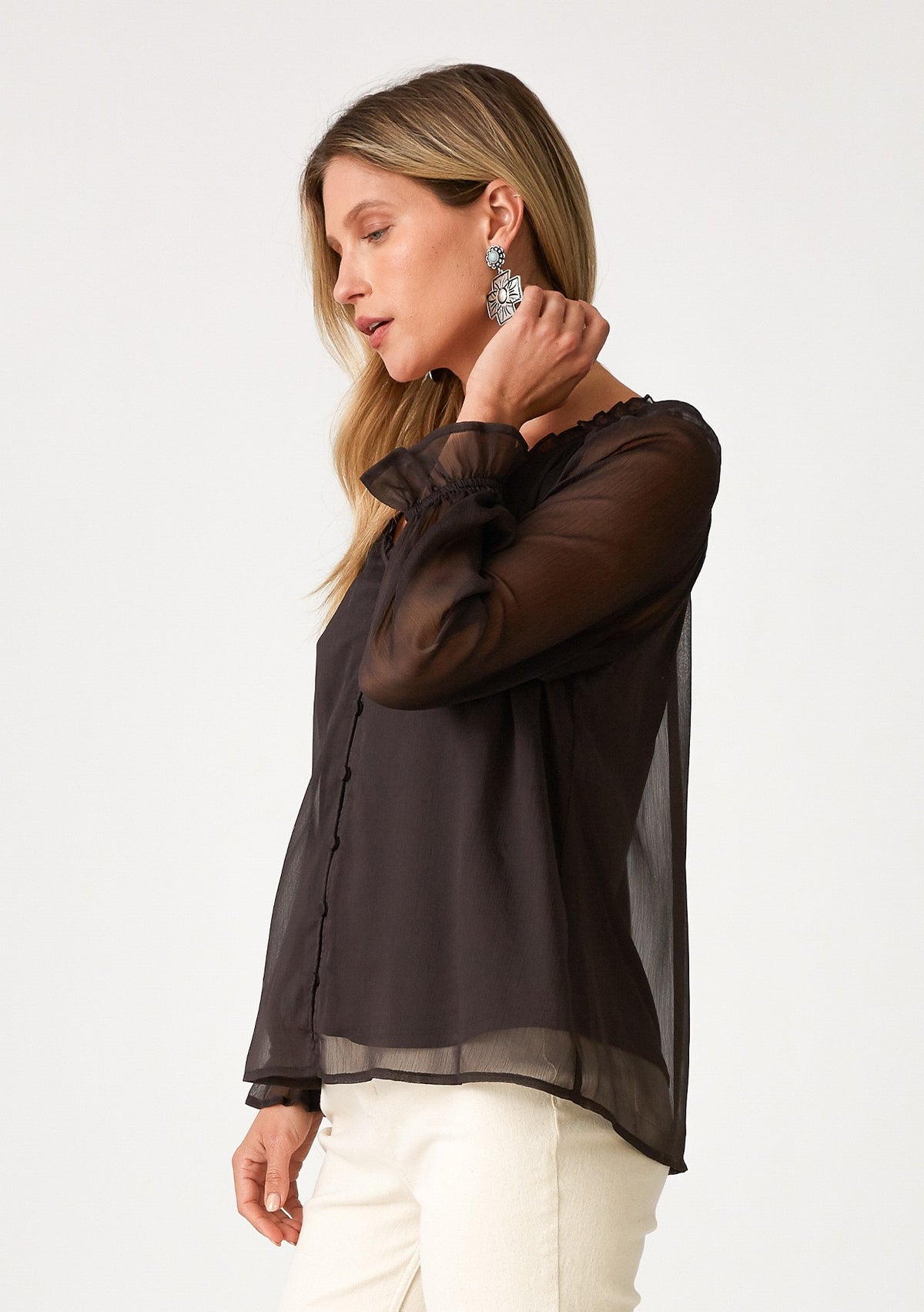 RUFFLE NECK SHEER BLOUSE
