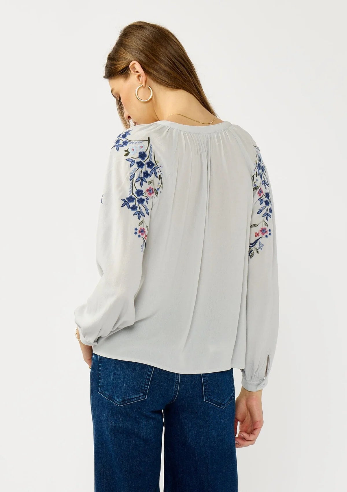 FLORAL EMBROIDERED SPLIT NECK BLOUSE