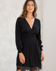 SMOCKED WAIST V-NECK DRESS WITH LACE TRIM