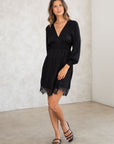 SMOCKED WAIST V-NECK DRESS WITH LACE TRIM
