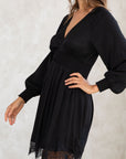 SMOCKED WAIST V-NECK DRESS WITH LACE TRIM