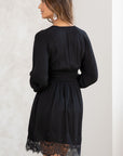 SMOCKED WAIST V-NECK DRESS WITH LACE TRIM
