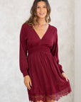 SMOCKED WAIST V-NECK DRESS WITH LACE TRIM