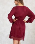 SMOCKED WAIST V-NECK DRESS WITH LACE TRIM