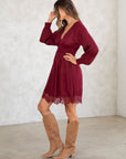 SMOCKED WAIST V-NECK DRESS WITH LACE TRIM
