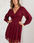 SMOCKED WAIST V-NECK DRESS WITH LACE TRIM