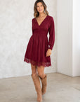 SMOCKED WAIST V-NECK DRESS WITH LACE TRIM