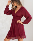 SMOCKED WAIST V-NECK DRESS WITH LACE TRIM