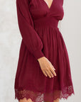 SMOCKED WAIST V-NECK DRESS WITH LACE TRIM