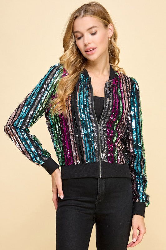 SEQUIN STRIPED BOMBER