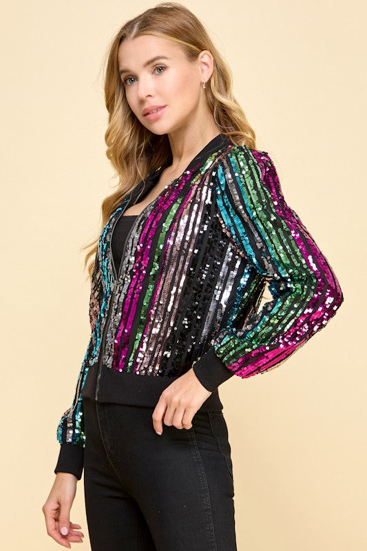 SEQUIN STRIPED BOMBER
