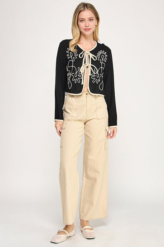 EMBROIDERED TIE FRONT JACKET