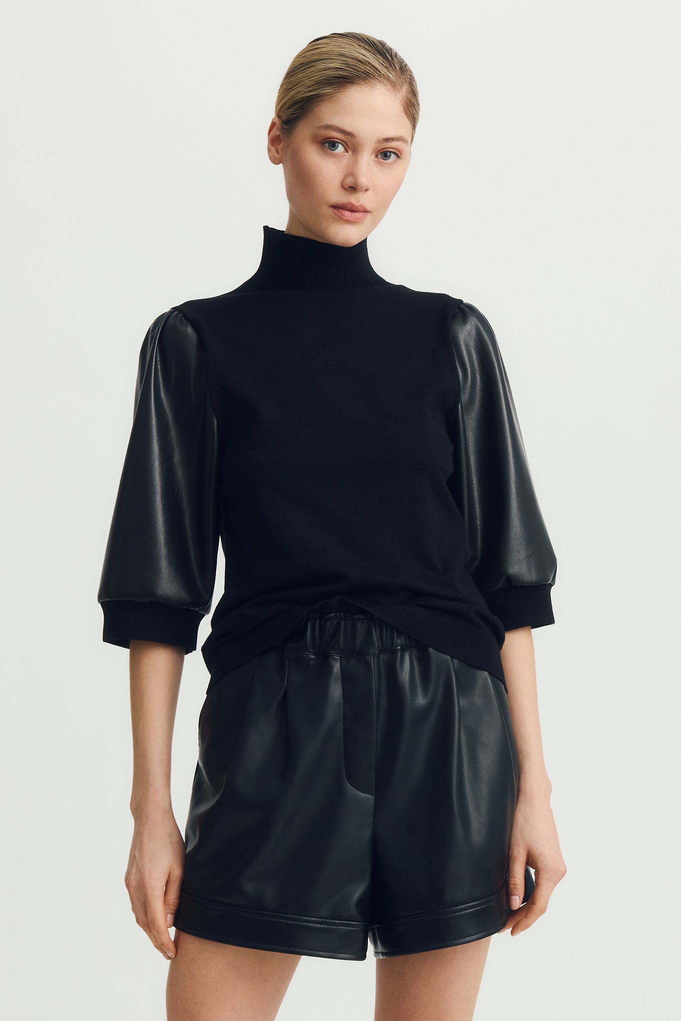 ILSA MIXED MEDIA VEGAN LEATHER PUFF SLEEVE TOP