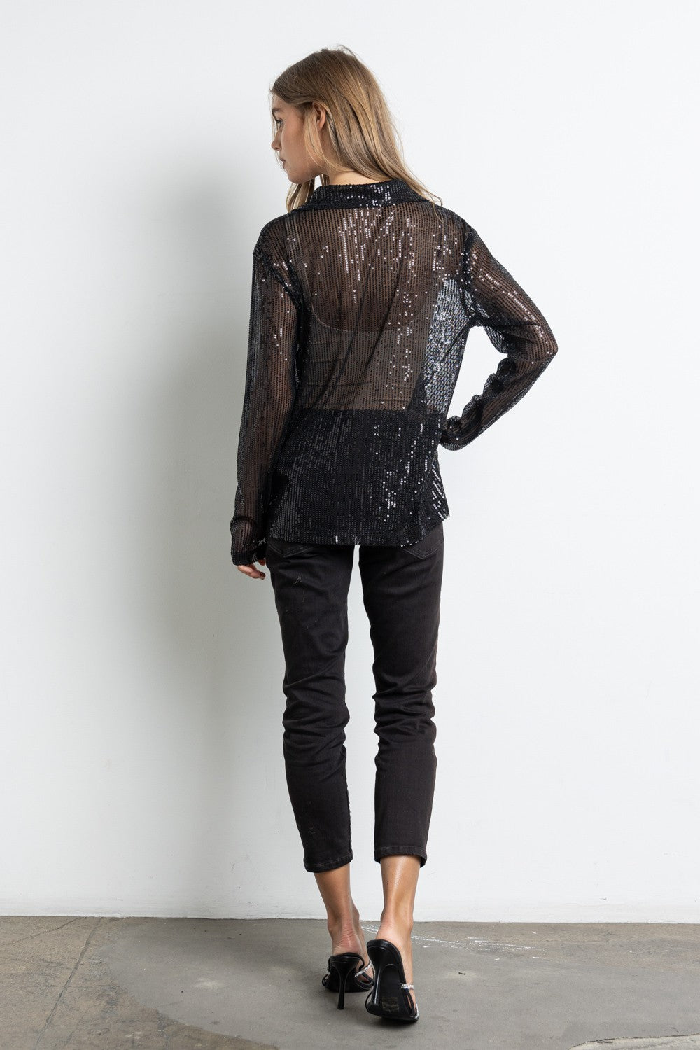 SHEER SEQUINNED BUTTON UP SHIRT