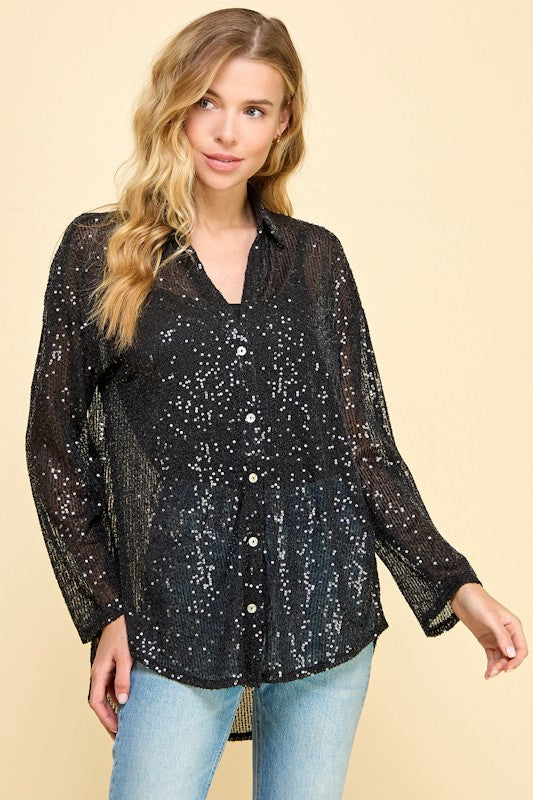 SEQUIN V-NECK BUTTON DOWN SHIRT
