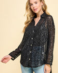 SEQUIN V-NECK BUTTON DOWN SHIRT