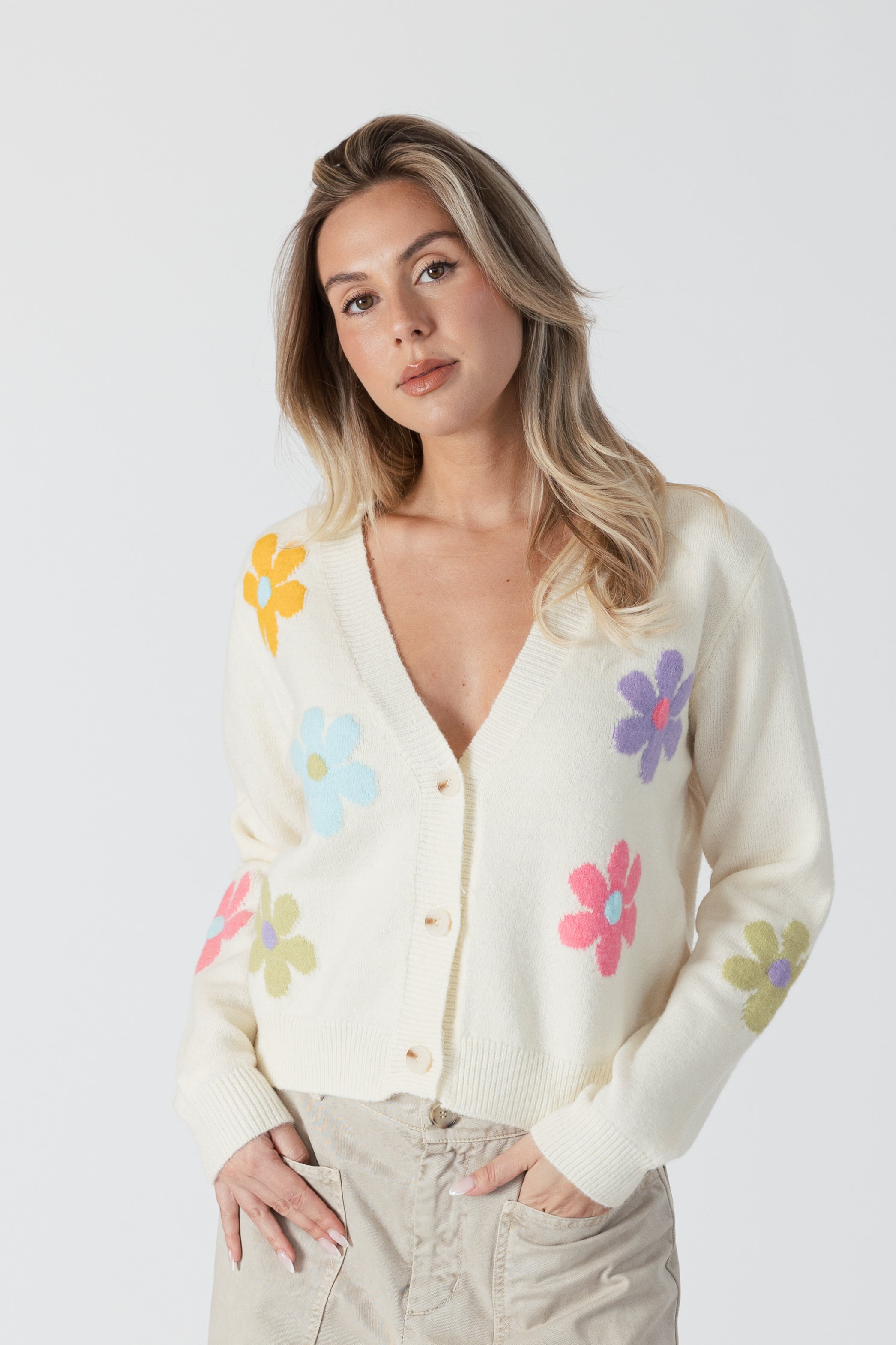 model wearing jolene button front floral print cardi from lyla & luxe, front view 