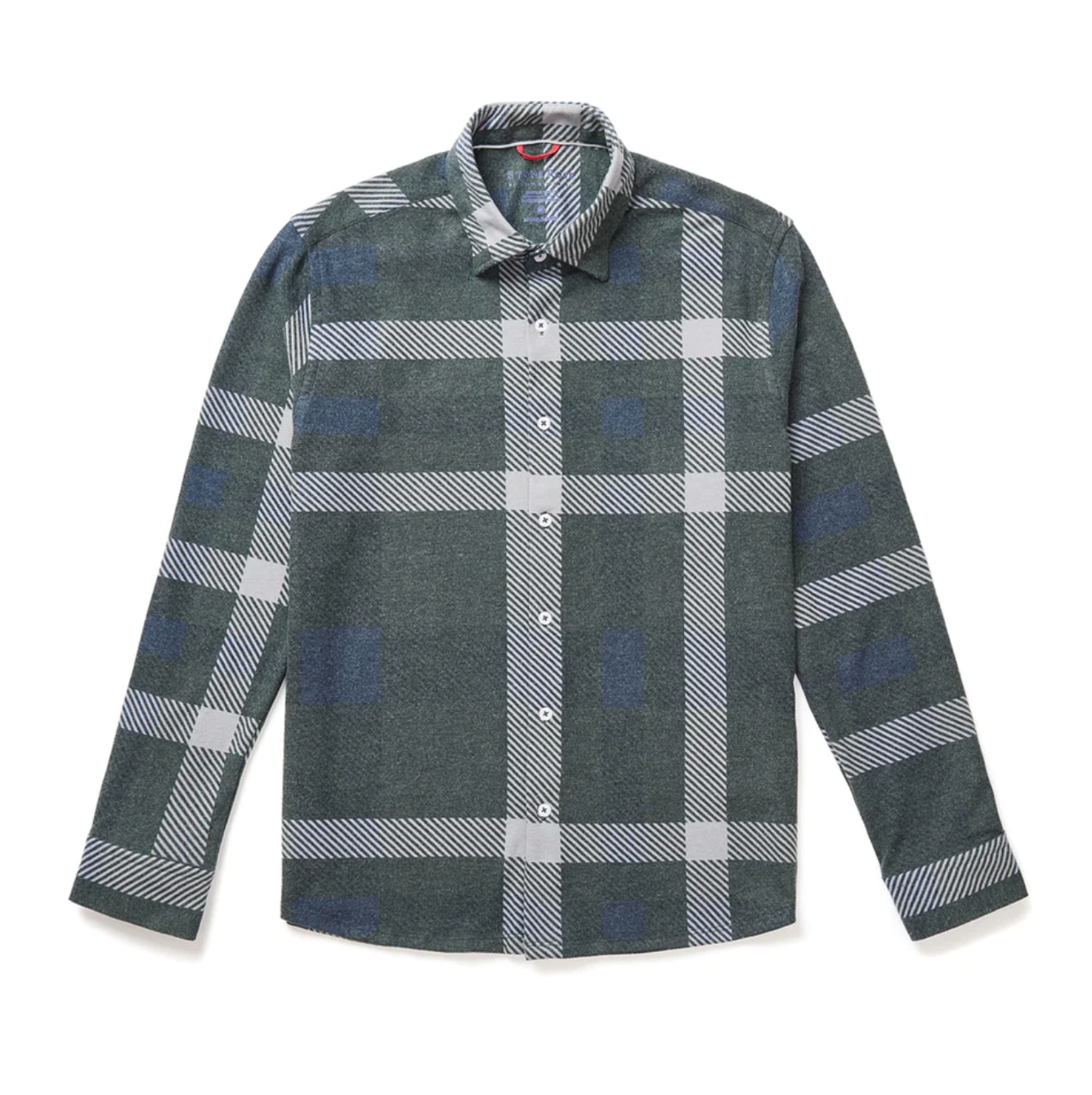 grey shirt with large exaggerated plaid print