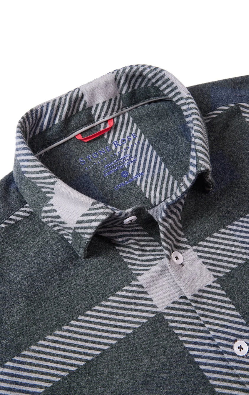 close up of the collar of a grey shirt with large exaggerated plaid print