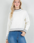 STRIPE CONTRAST TRIM MOCK NECK SWEATER