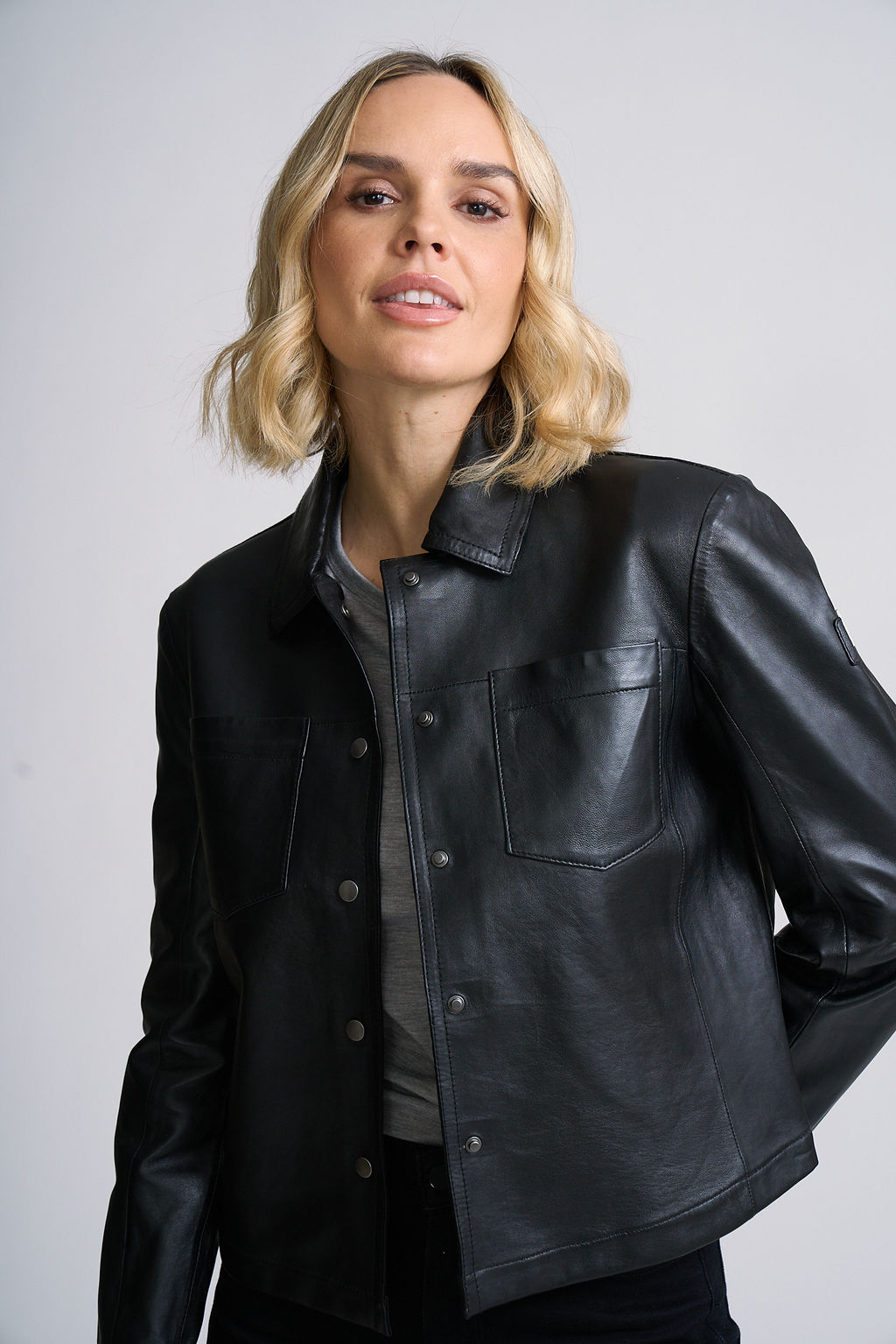 LEFEI RF SNAP FRONT BONDED LEATHER JACKET