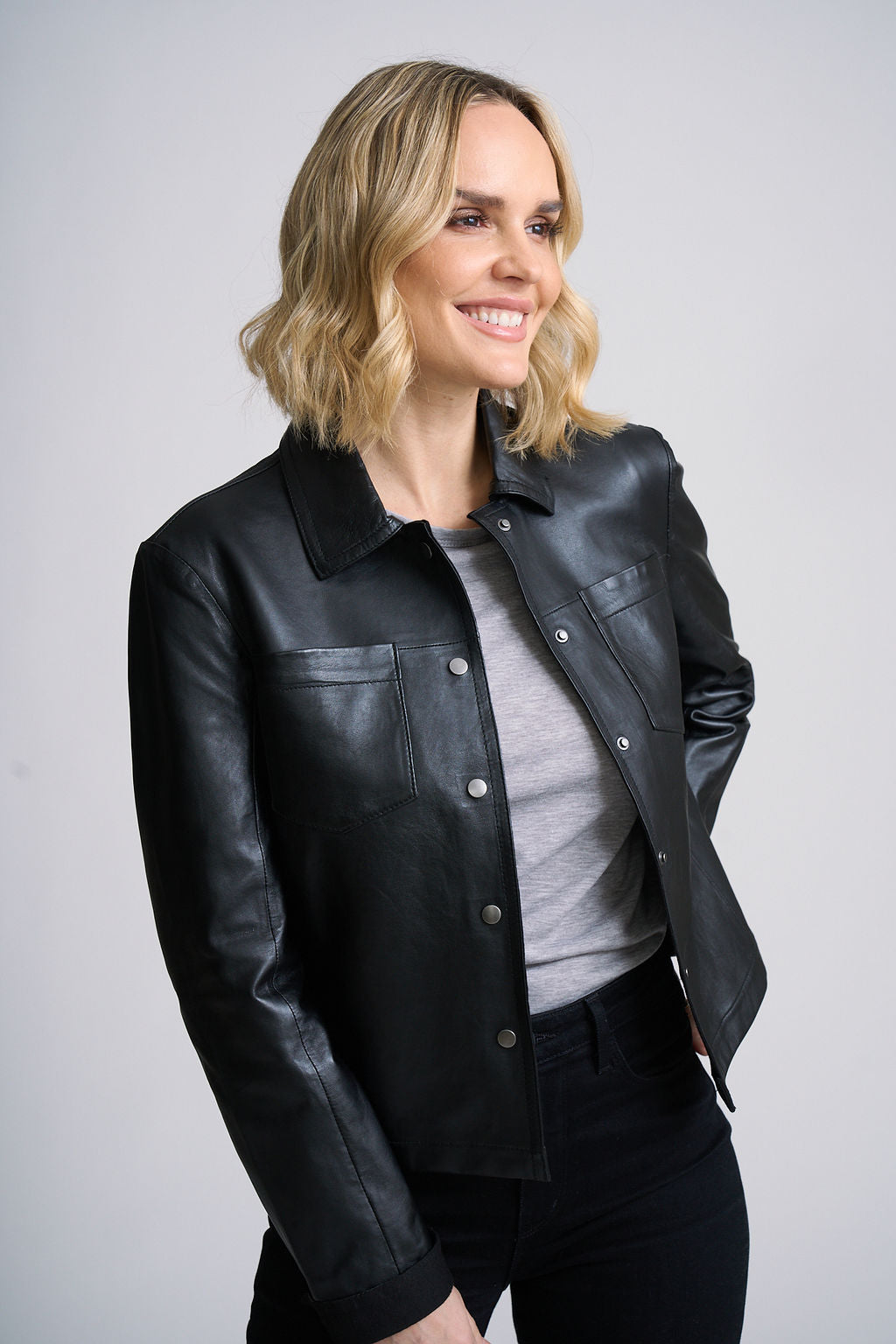 LEFEI RF SNAP FRONT BONDED LEATHER JACKET