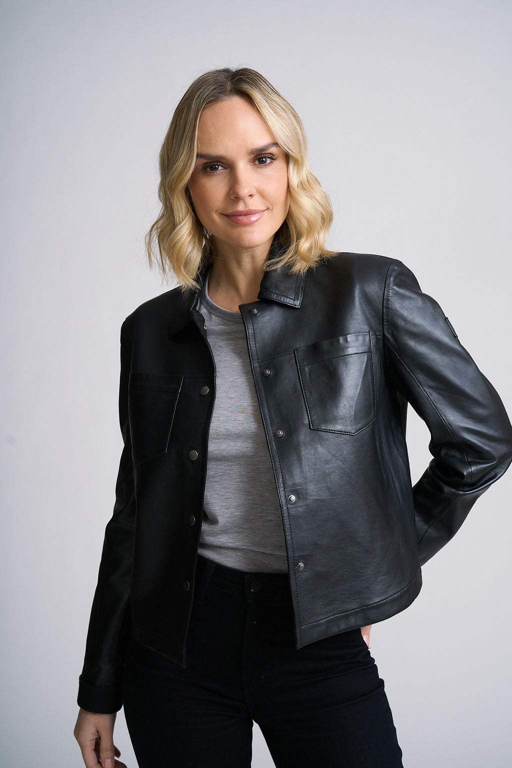 LEFEI RF SNAP FRONT BONDED LEATHER JACKET