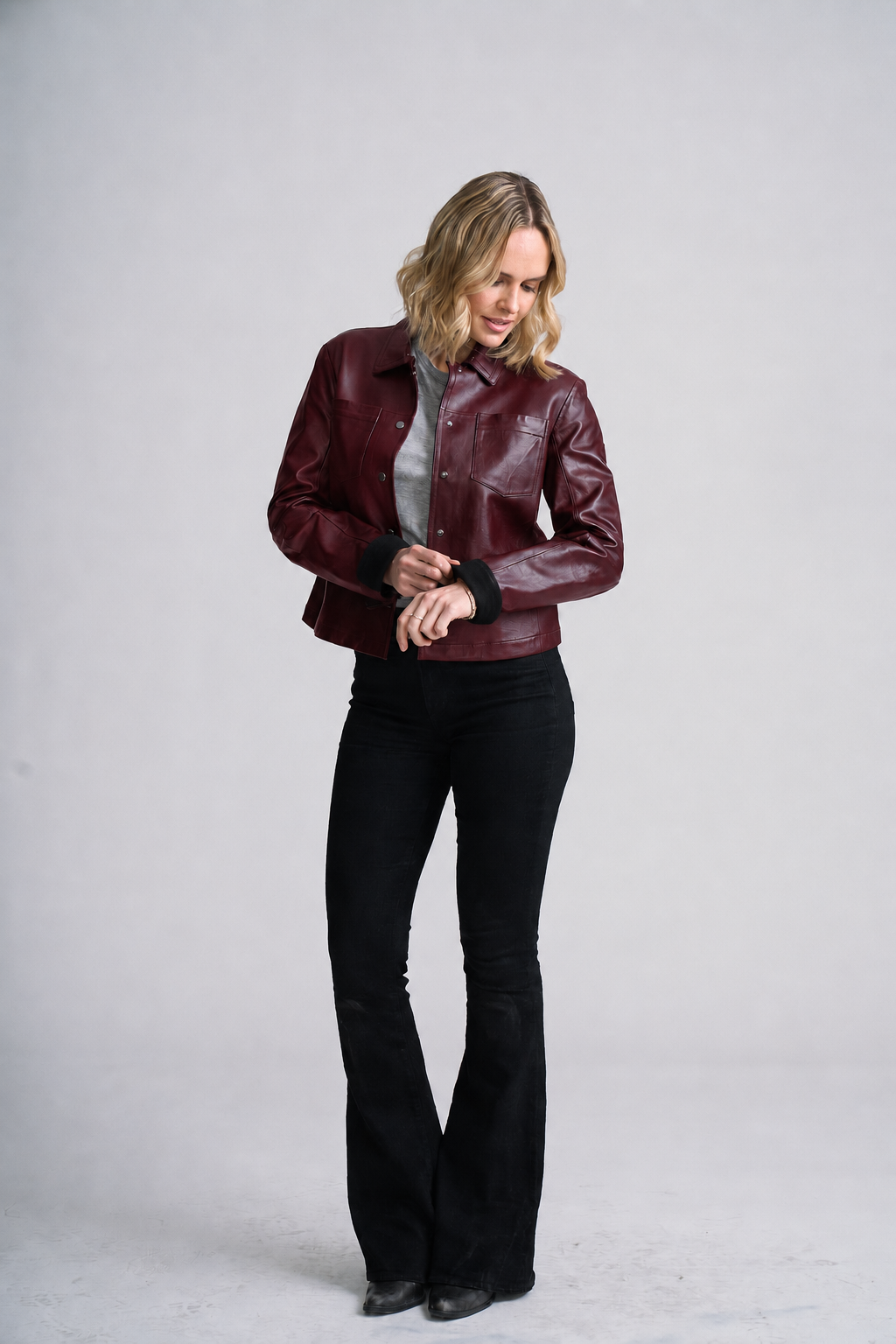 LEFEI RF SNAP FRONT BONDED LEATHER JACKET