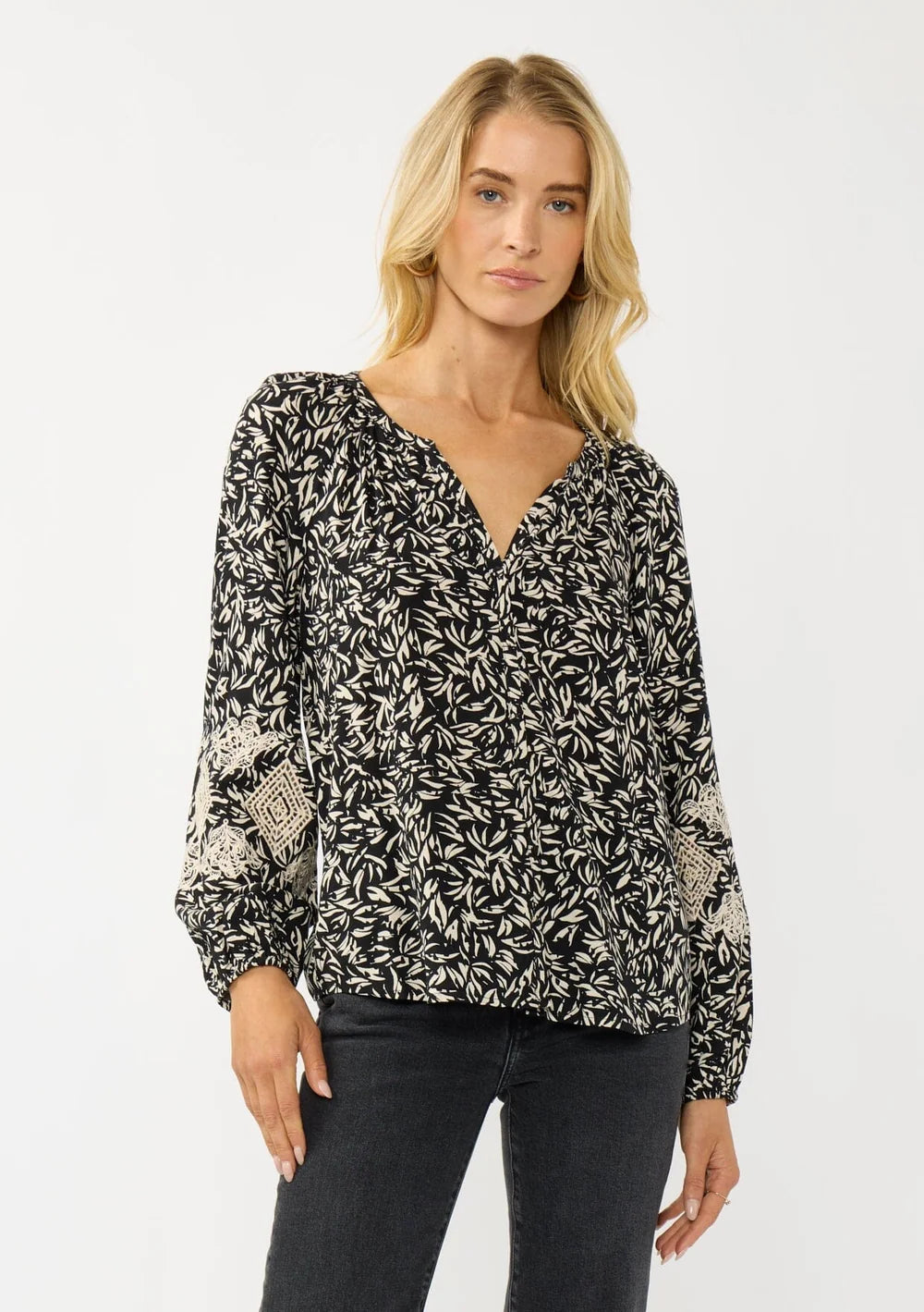 EMBROIDERED SLEEVE PRINTED BLOUSE