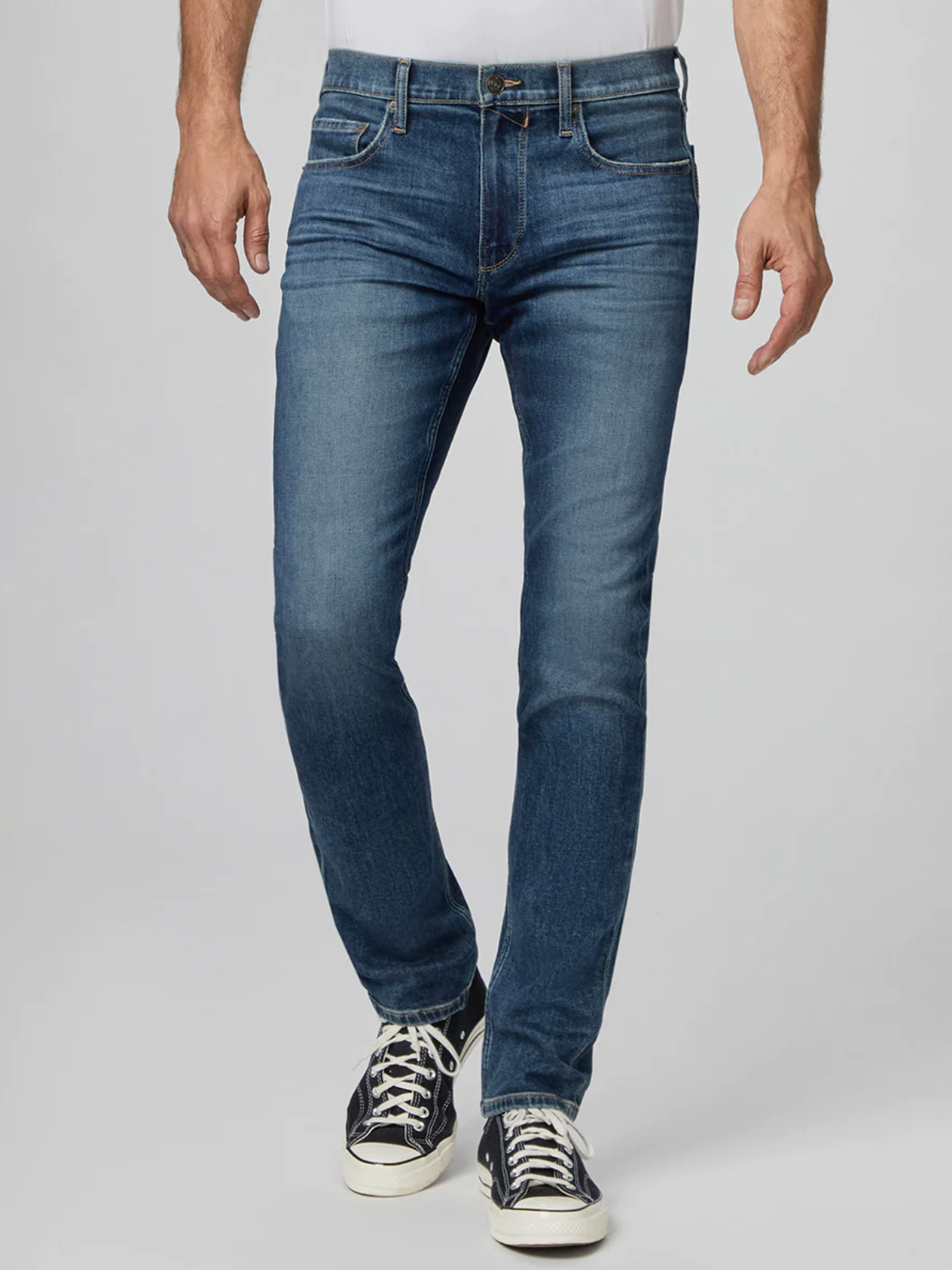 waist down front view of the lennox skinny fit jean from paige in brickler blue