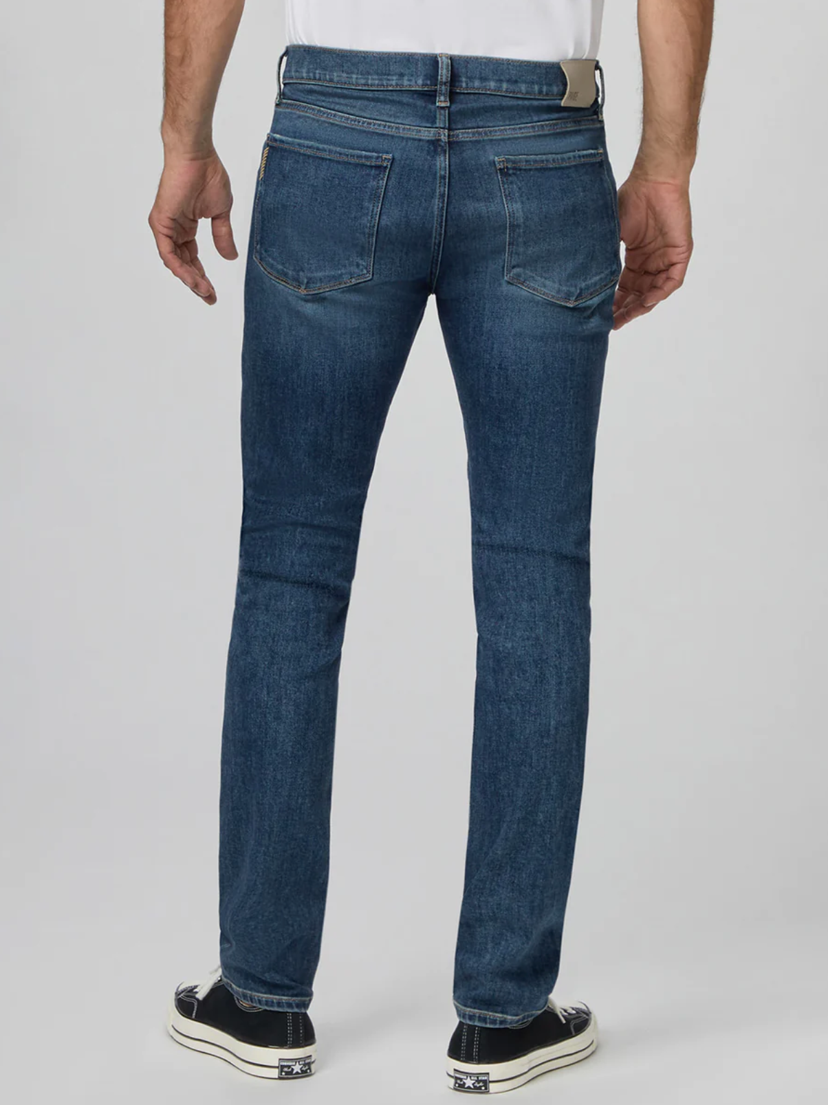 waist down rear view of the lennox skinny fit jean from paige in brickler blue