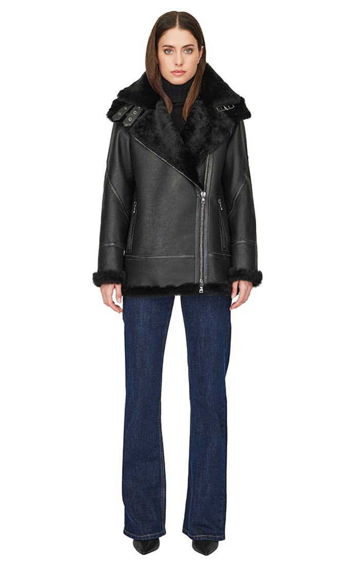 MARTINA SILKY NAPPA SHEARLING JACKET WITH HOOD