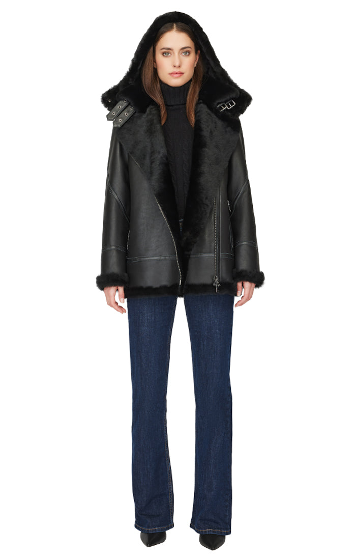 MARTINA SILKY NAPPA SHEARLING JACKET WITH HOOD