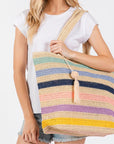 RAINBOW STRIPE STRAW TOTE WITH TASSEL