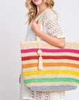 RAINBOW STRIPE STRAW TOTE WITH TASSEL