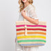 RAINBOW STRIPE STRAW TOTE WITH TASSEL