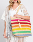 RAINBOW STRIPE STRAW TOTE WITH TASSEL