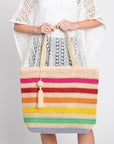 RAINBOW STRIPE STRAW TOTE WITH TASSEL