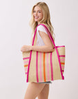 TRIMMED STRIPED STRAW TOTE BAG