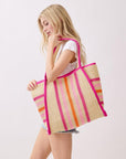 TRIMMED STRIPED STRAW TOTE BAG