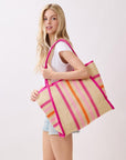 TRIMMED STRIPED STRAW TOTE BAG