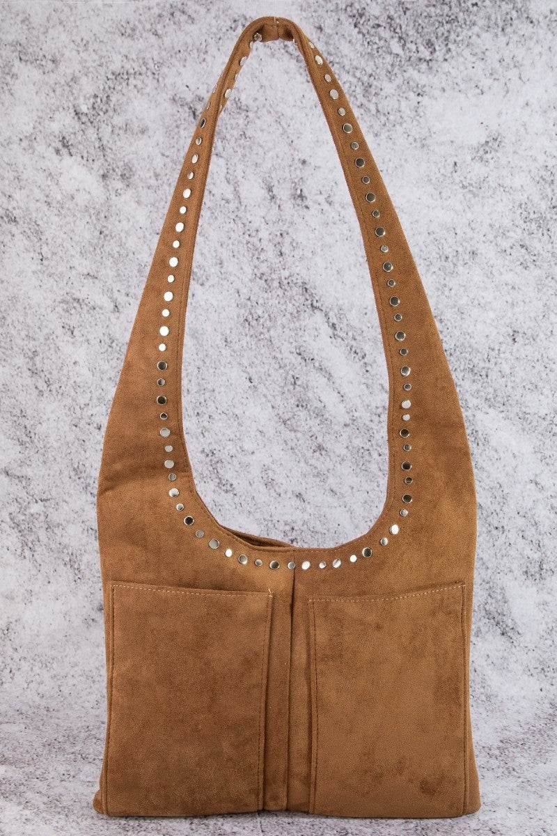 STUDDED FAUX SUEDE SHOULDER BAG