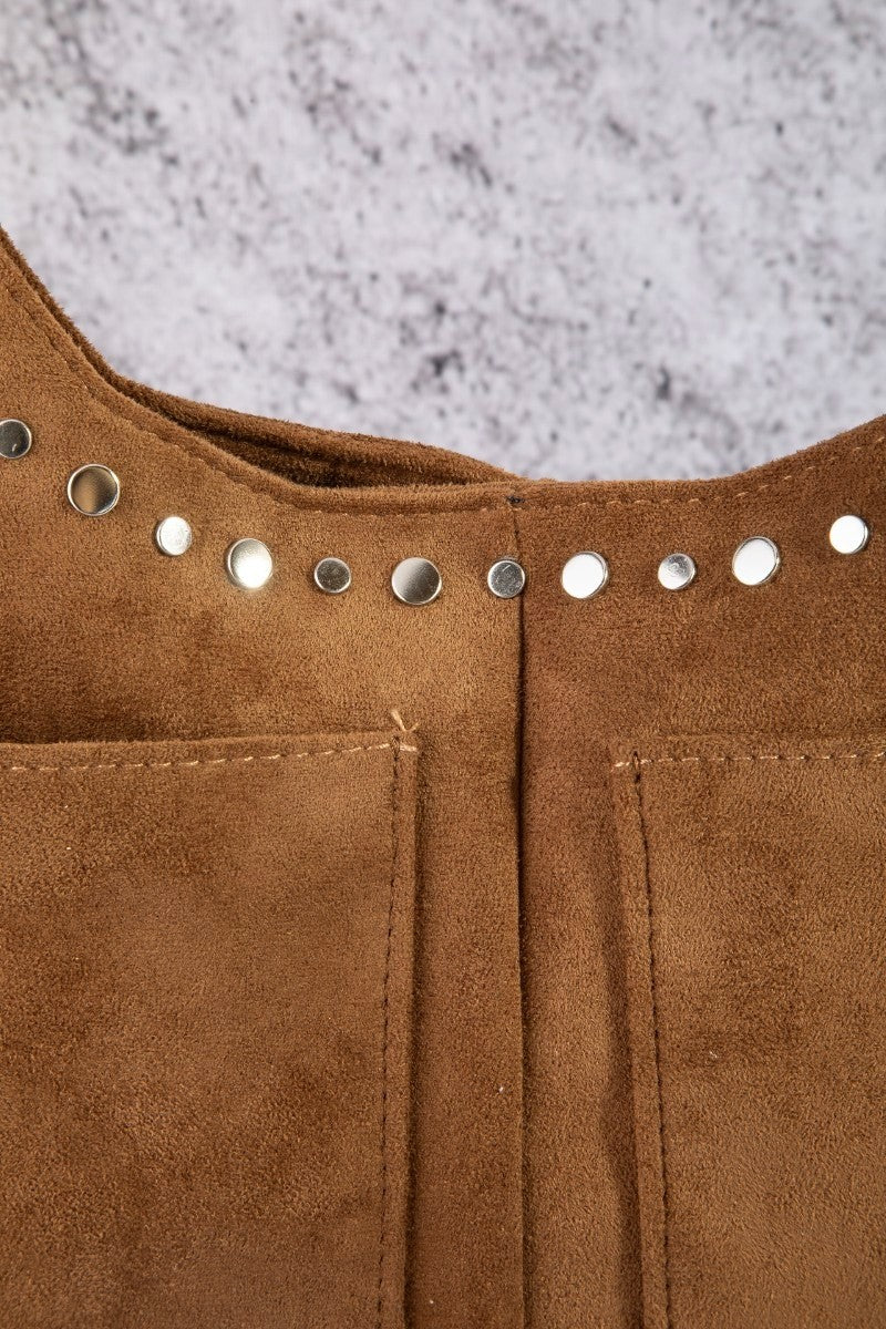 STUDDED FAUX SUEDE SHOULDER BAG