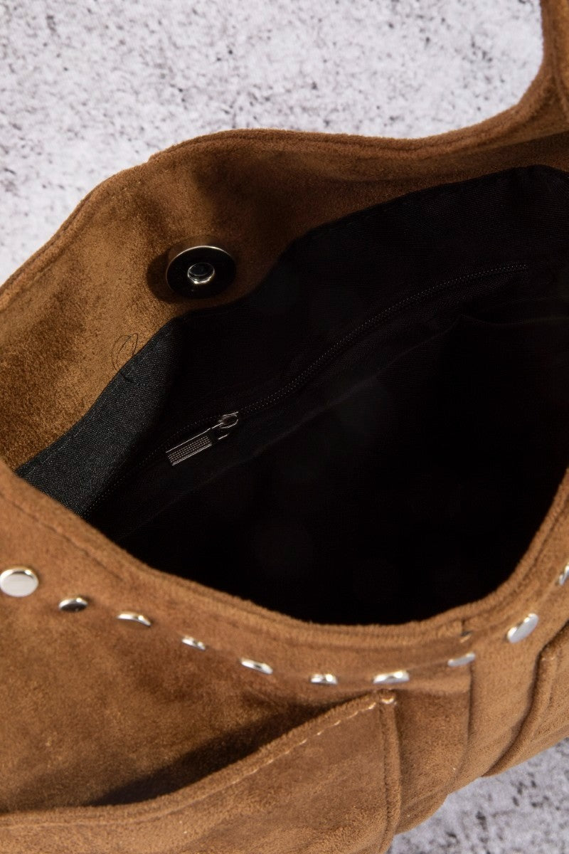STUDDED FAUX SUEDE SHOULDER BAG