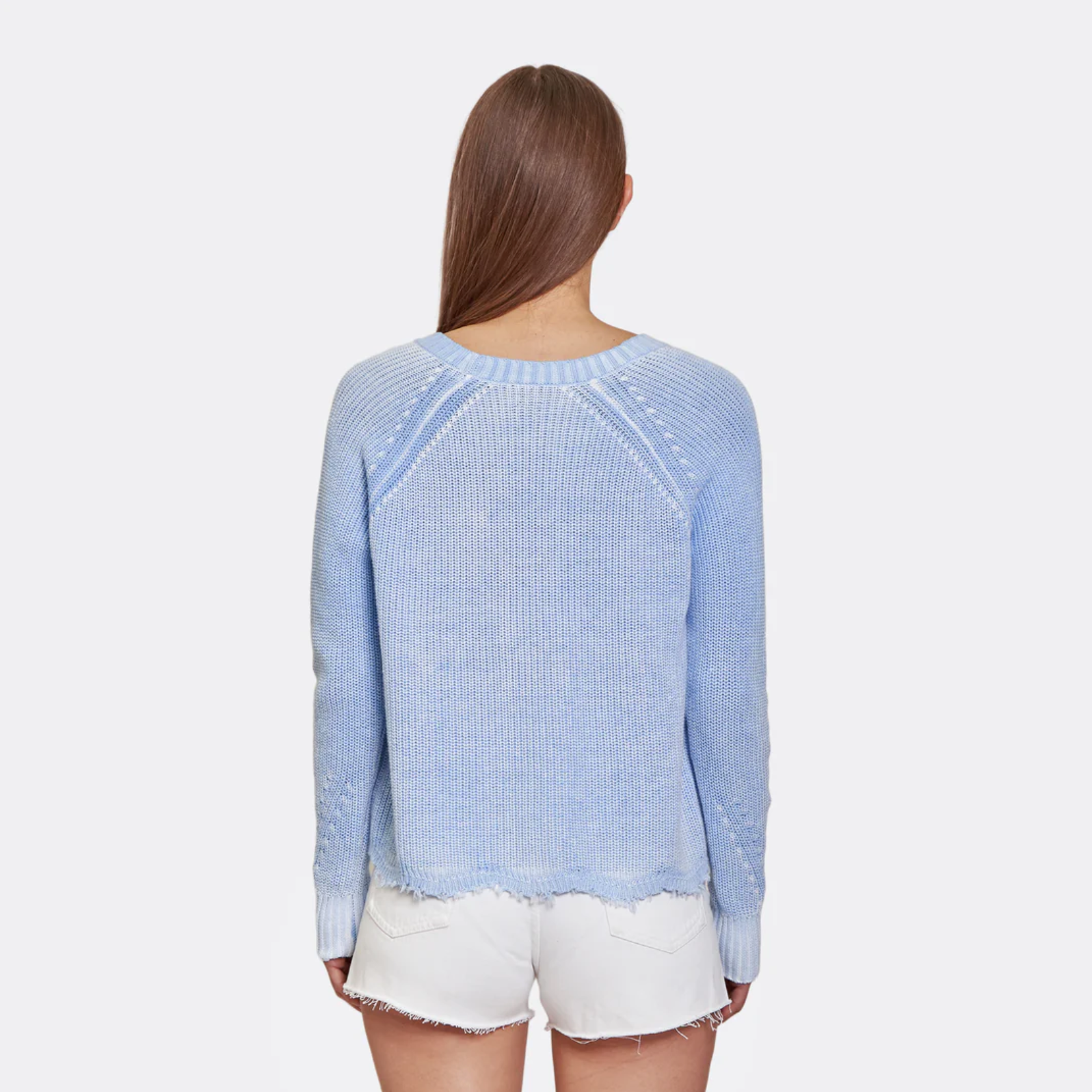 DISTRESSED INKED SCALLOP SHAKER V NECK SWEATER