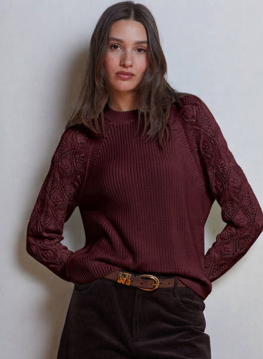 SHAKER RAGLAN CREW WITH POINTELLE SLEEVES
