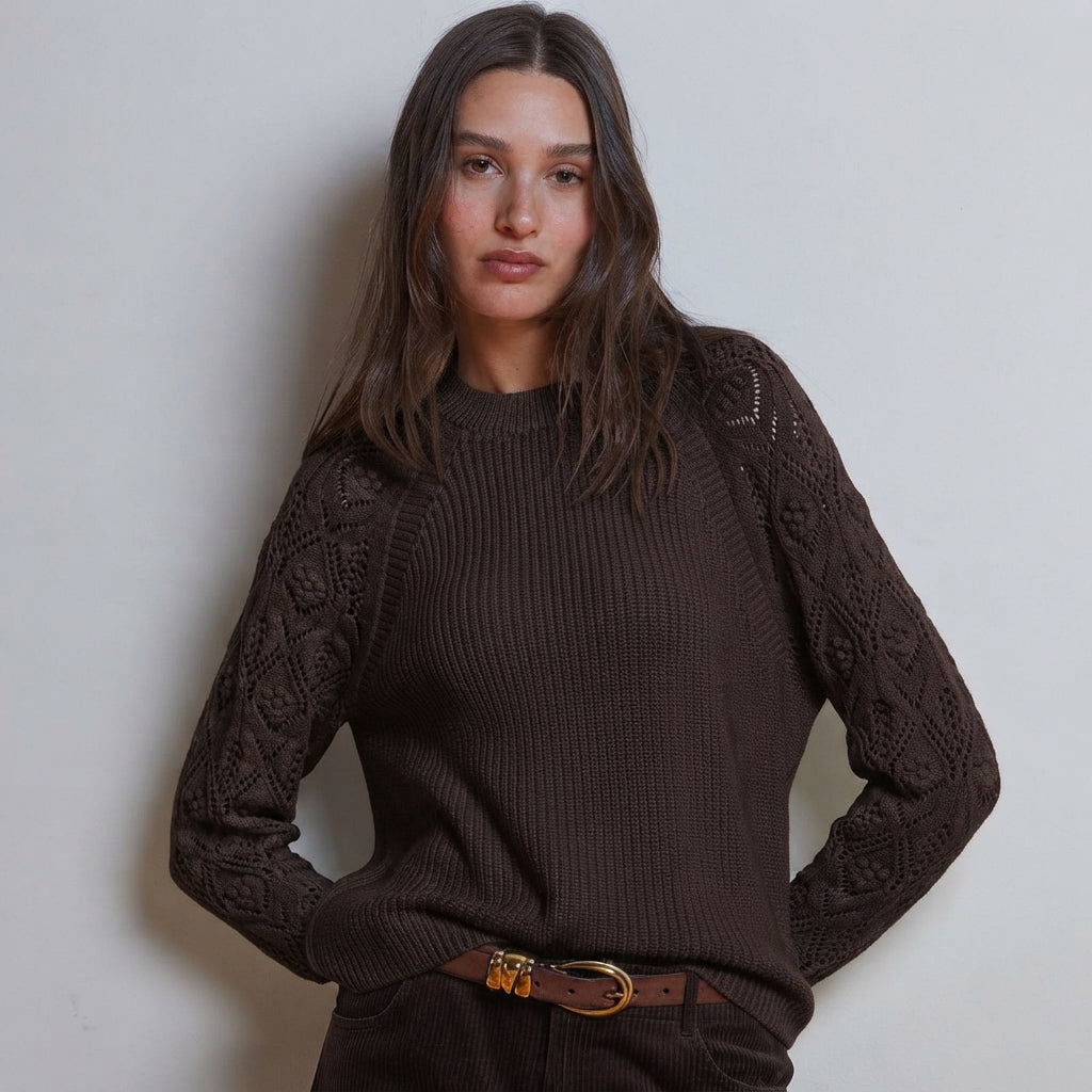 SHAKER RAGLAN CREW WITH POINTELLE SLEEVES