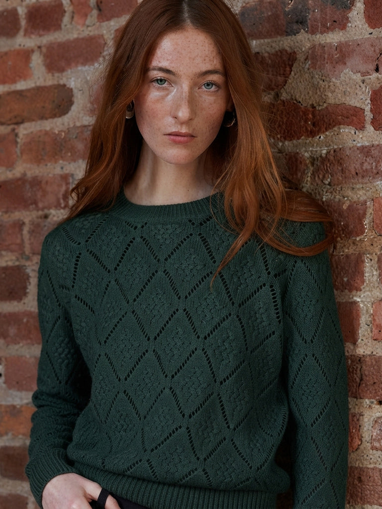 DIAMOND STITCH POINTELLE CREW NK SWEATER