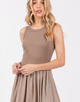 RIBBED SLEEVELESS BODICE WITH CONTRAST SKIRT MIDI DRESS