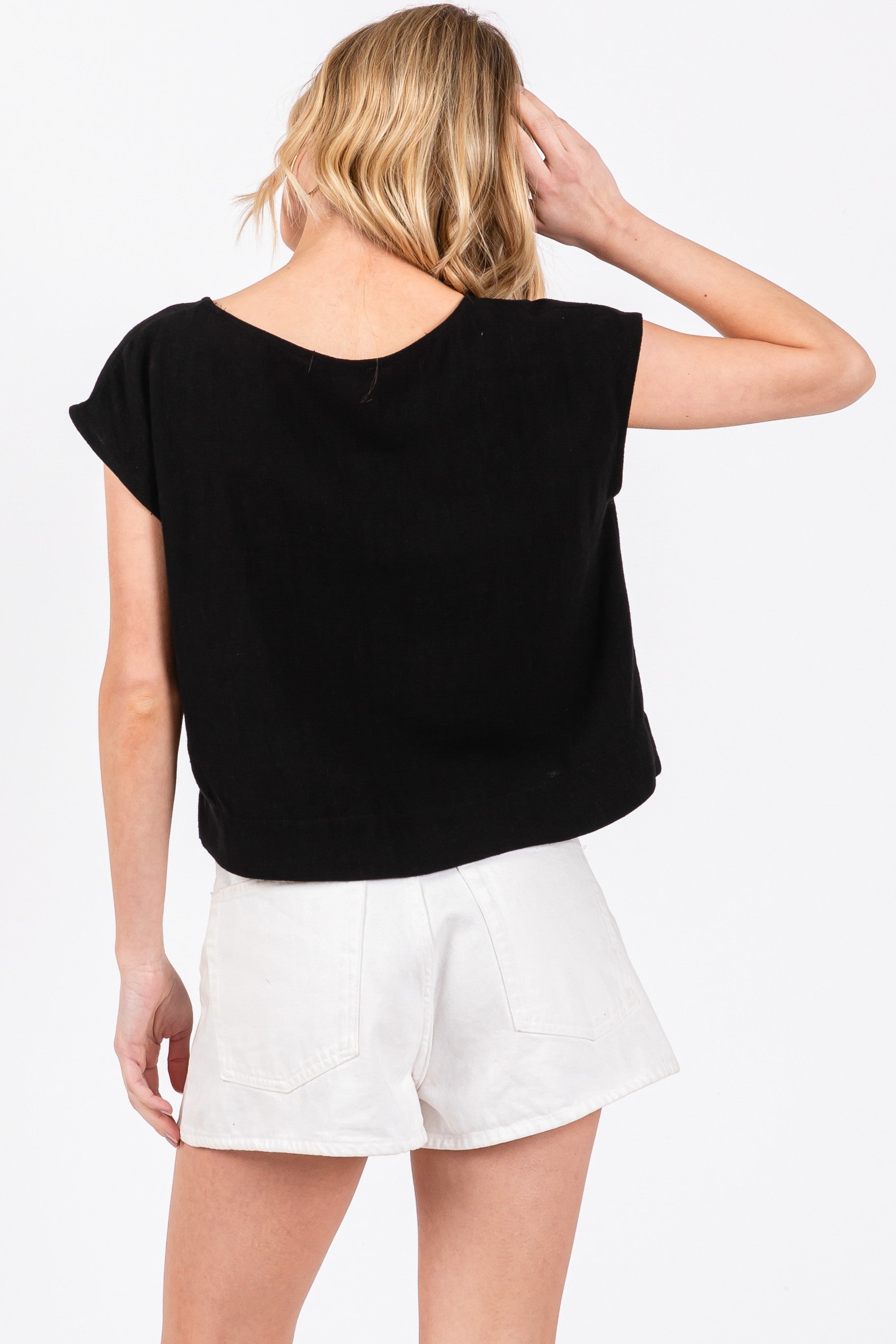 LINEN BLEND SHORT SLEEVE POPOVER TOP